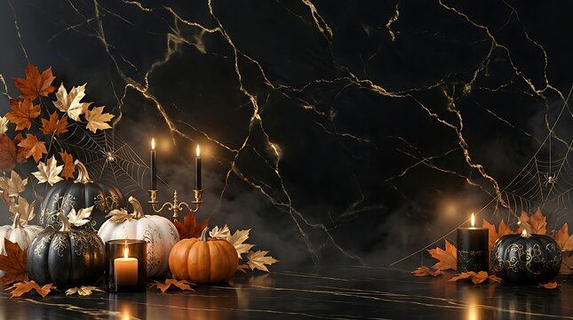 Elegant Halloween Banner with Golden Pumpkins and Marble Background