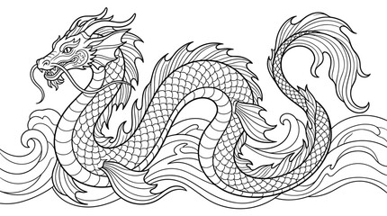 Fototapeta premium Mythical sea serpent illustration with intricate scales and flowing fins, set against stylized waves, black outline on white.