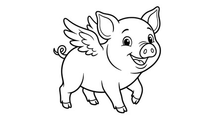 Fototapeta premium Playful cartoon winged piglet illustration, black outline on white, isolated graphic element