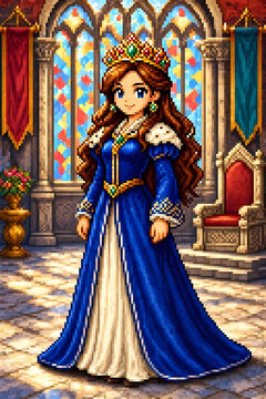 A fantasy princess character, young royal female with long flowing hair and jeweled crown, standing proudly in heroic pose with arms at sides, full-body 2D pixel art illustration in detailed retro