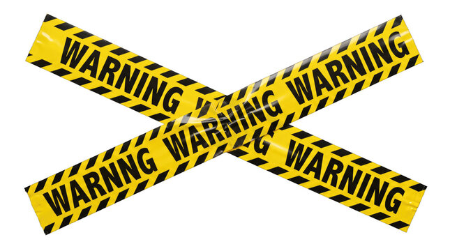 Warning caution tape crossing in X shape for safety barriers. High-visibility hazard prevention strip isolated on transparent background.