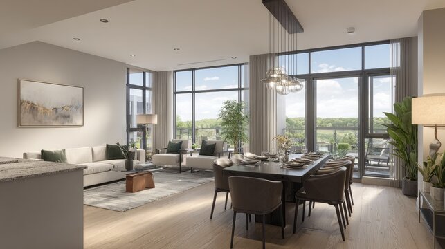 Modern interior living room with dining area and panoramic windows