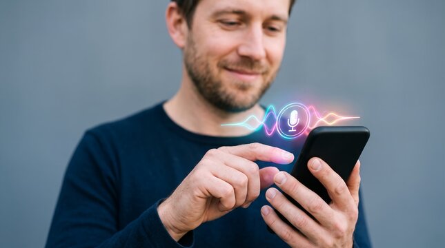 A happy Caucasian man uses a voice assistant application on his smartphone, interacting with a glowing neon microphone icon against a grey background.