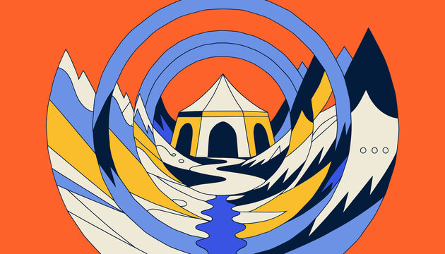 abstract tent in mountains, swirling pattern