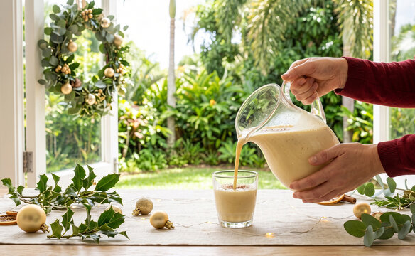 The eggnog, creamy drink is lightly garnished with cinnamon and nutmeg, surrounded by subtle Christmas decorations, fresh greenery and natural linen