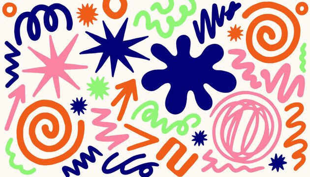 Abstract Shapes Pattern - Colorful Doodle Background with Stars, Splats, Swirls