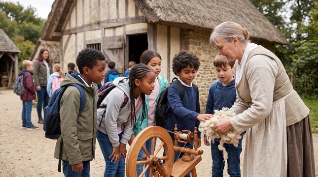 Children learn about wool spinning from a historical reenactor at a heritage village
