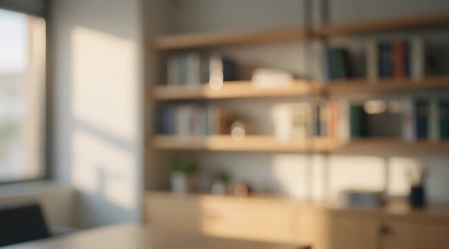 Blurred home office interior with bookshelf and warm sunlight, ideal for educational background, remote work atmosphere, study space depth