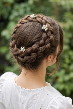 Braided Crown Hairstyle Back View &mdash; Woman with Dutch Crown Braid and White Wildflowers in Natural Outdoor Setting