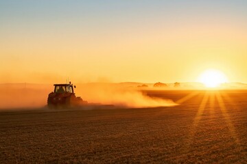 Obraz premium Agriculture tractor plowing field in rural countryside during a golden sunset