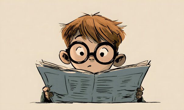 A young boy demonstrating good behavior reads a newspaper while wearing glasses
