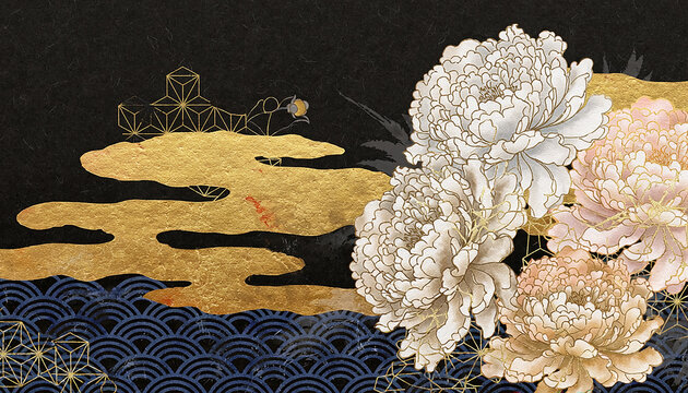 Japanese Peony and Gold Cloud Abstract Background Generative AI