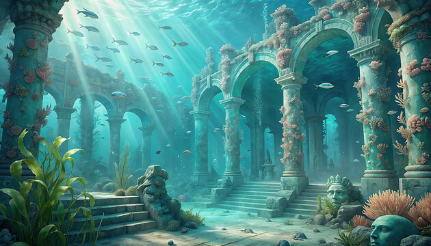 Mystical Underwater Ancient Ruins with Fish and Sunbeams Generative AI
