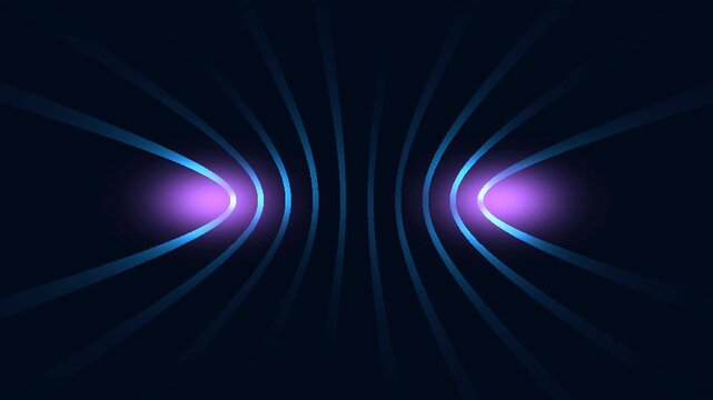 Symmetrical Glowing Purple Energy Nodes with Curved Blue Field Lines on Dark &ndash; Abstract Magnetic Tunnel & Sci-Fi Force Field Background Loop