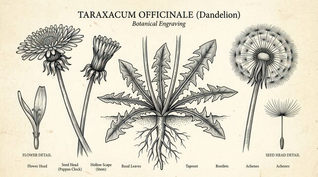 Modern Botanical Engraving of Taraxacum Officinale Dandelion with Detailed Parts and Labels with high quality professional line art symbols for modern creative design and digital branding projects
