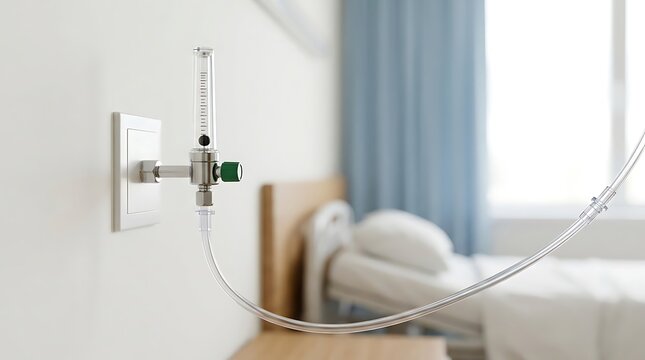Medical oxygen flow meter mounted on a hospital wall next to a patient bed.