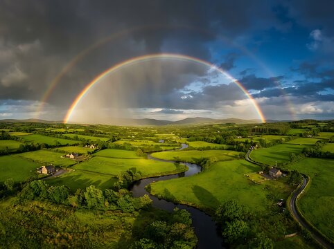 A stunning panoramic aerial view of a vibrant rainbow arching over a lush green countryside landscape at sunset