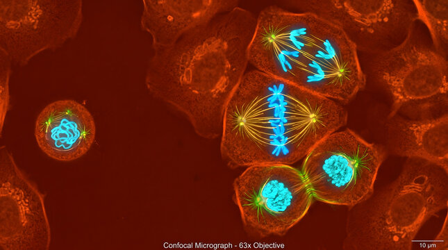 Confocal microscopy image of cancer cells showing active cell division stages like metaphase and telophase processes.