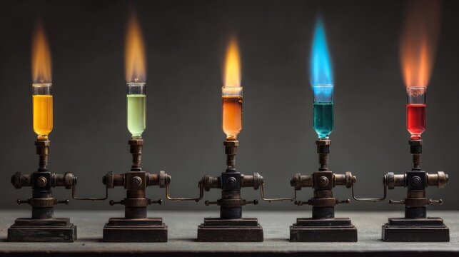 Bunsen burners with diverse flame shapes and colors for creative science fair experiment, laboratory chemistry demonstration and scientific education concept