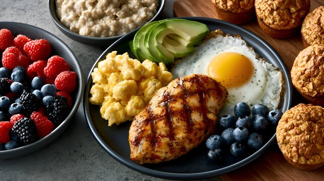Healthy breakfast plate with grilled chicken, fried egg, scrambled eggs, avocado, berries, oatmeal and muffins