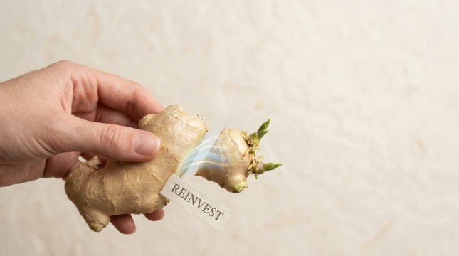 Person holding ginger root as a symbol of profit reinvestment for future growth through productive assets utilization