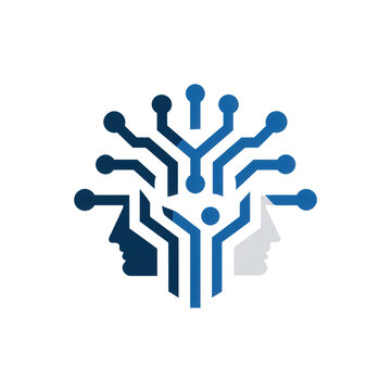 Abstract logo with two human profiles connected by a network of blue circuit lines, symbolizing technology and artificial intelligence