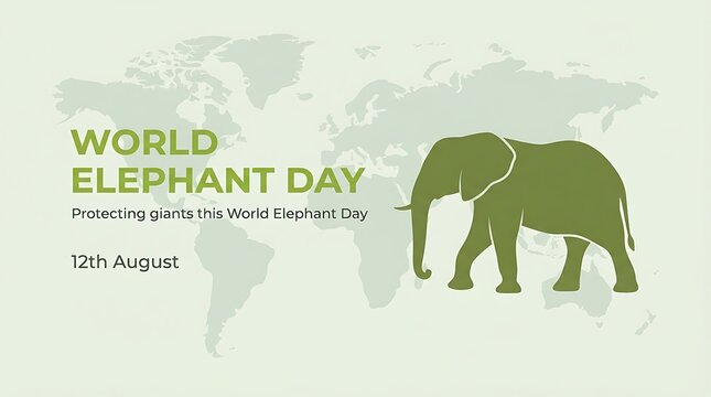 World Elephant Day vector template, green wild mammal silhouette on world map background, August 12th conservation poster, protecting giants concept design layout