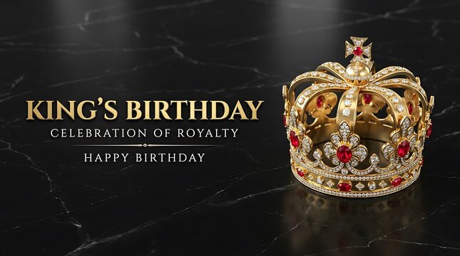 Gold king's birthday crown on black marble, royal celebration greeting card invitation design template with luxury ruby and diamond jewelry crown