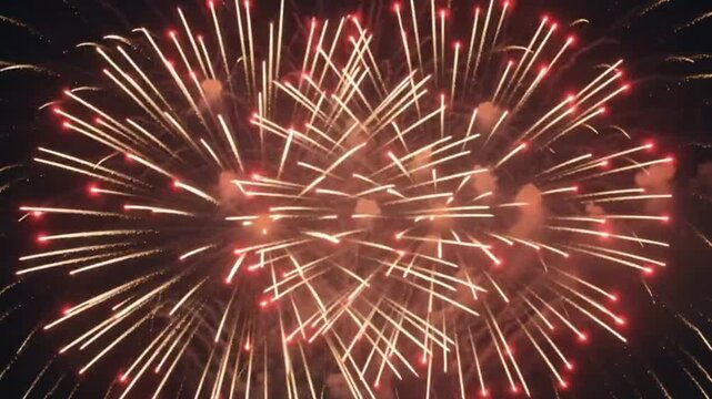 Bright golden fireworks exploding at night sky celebration