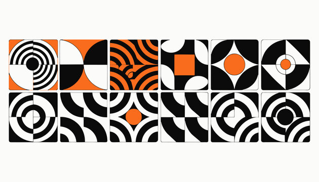 Abstract Geometric Patterns: Circles, Squares, Orange & Black Optical Illusions