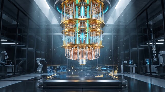 Large golden chandelier suspended in advanced futuristic laboratory setting with high end chandelier laboratory futuristic technology innovation