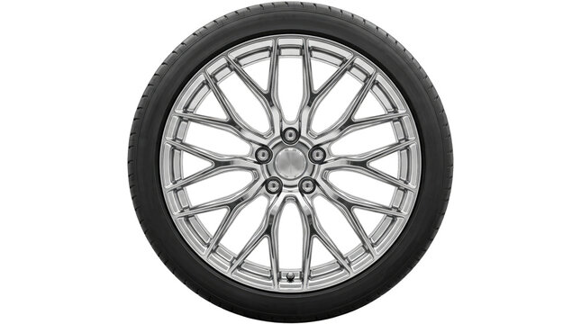 Car wheel with alloy rim design isolated on transparent background. High-detail automotive tire and silver spoke pattern for commercial use.