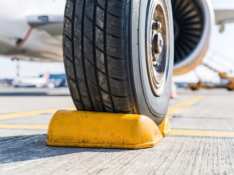 Bright yellow aircraft wheel chock positioned against jet tyre on an airport runway in clear daylight