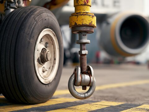 Close view of shear pin and clamp head on aircraft tow bar attached to nose wheel