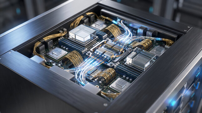High performance server motherboard with illuminated optical data transmission and central processing unit in modern data center rack 