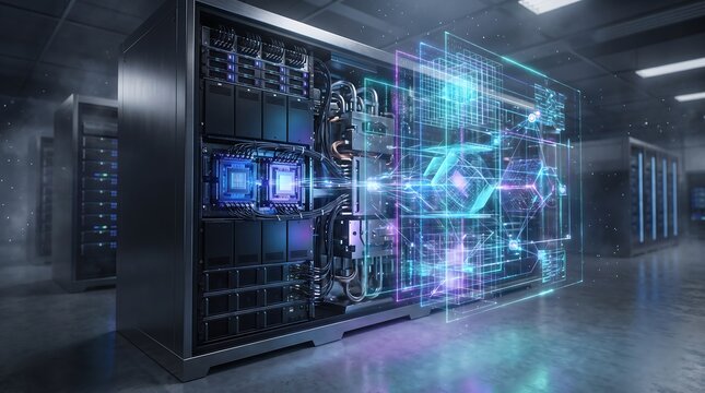 Digital data server rack with overlaid holographic network visualization hologram technology computing infrastructure futuristic information