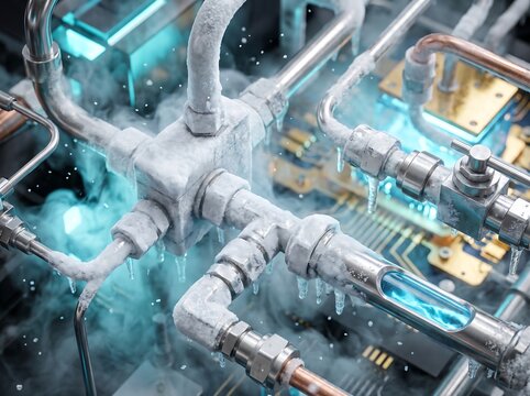 Cryogenic cooling pipes with frost on industrial computer hardware components cryogenic industrial hardware technology datacenter electronics