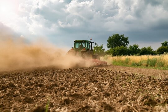 Tractor plowing dry soil in a farming field with agriculture machinery and dust