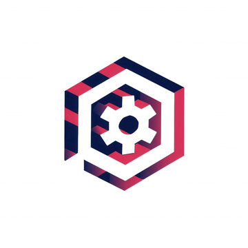 A hexagonal logo featuring a central gear icon, with alternating red and dark blue stripes on the hexagon"s edges, symbolizing technology and engineering