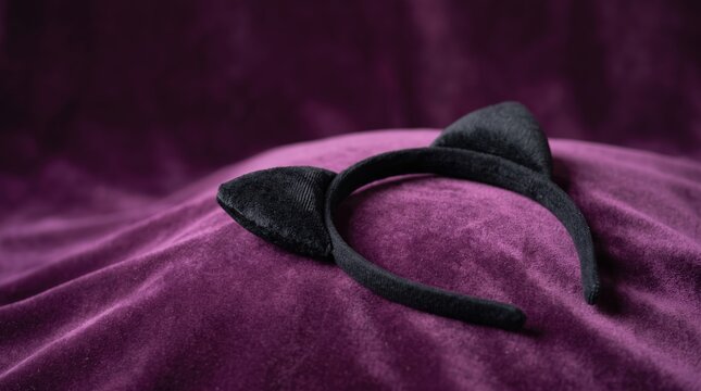 Black cat ear headband rests on purple velvet fabric creating mysterious halloween accessory aesthetic for party costume and festive cosplay celebration in dark moody setting