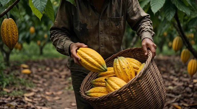 cacao farmer harvesting ripe yellow cocoa pods into woven basket, tropical orchard, agriculture sustainability, fair trade supply chain