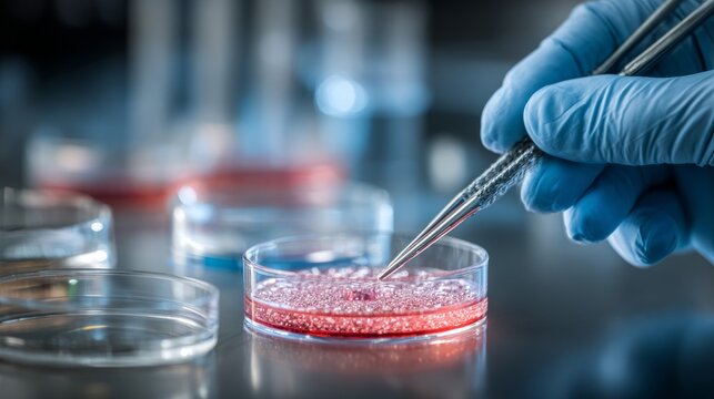 Scientist hands conducting advanced nanomaterial and microfiber research in laboratory, exploring nanotechnology, microbiology, genetics, chemistry, medicine, healthcare and pharmaceutical production