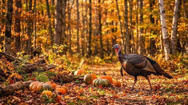 Wild turkey walking through sunlit autumn forest with fallen leaves and scattered pumpkins.