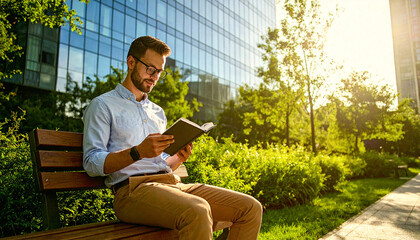 Obraz premium Young Caucasian Man with Glasses Reading Book on Park Bench in Modern City with Sunlight Flare