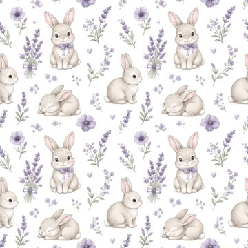 Cute Bunny and Lavender Seamless Pattern with Spring Flowers