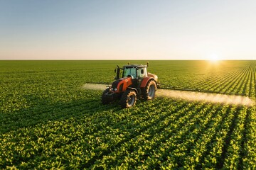 Fototapeta premium Tractor spraying fertilizer on agriculture crops in a farming field at sunset aerial