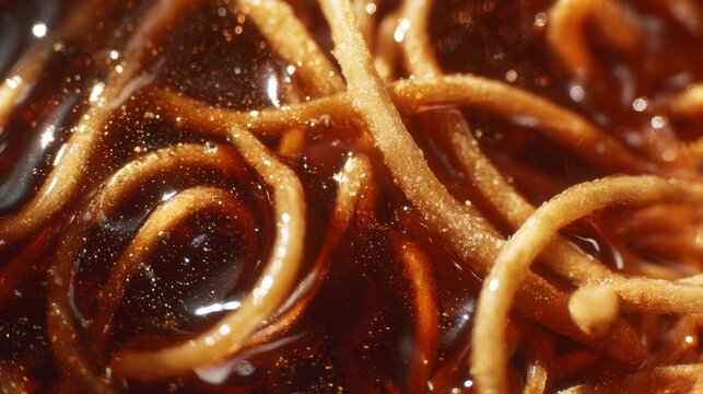 53.Closeup shot of tangled french fries partially submerged in ketchup, crispy edges and soft interiors visible, shiny sauce reflecting light, tight framing emphasizing texture and messiness, playful