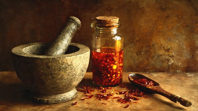 64.Rustic kitchen scene with jar of chili oil beside mortar and pestle, scattered chili flakes on table, warm tones and textural surfaces, thick red oil with suspended ingredients, evokes traditional