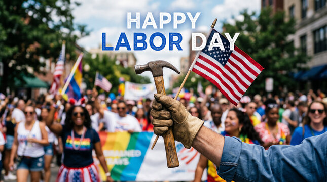 Worker holding hammer during festive parade with Happy Labor Day text overlay.