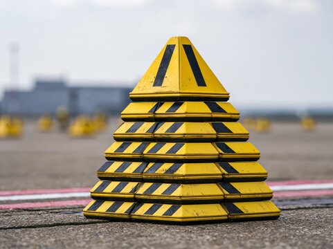 Stack of aircraft wheel chocks ready for use on the apron at an airport with clear lighting conditions
